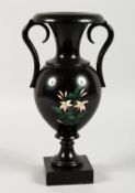 A GOOD 19TH CENTURY ENGLISH INLAID BLACK MARBLE TWO-HANDLED URN. 10ins high.