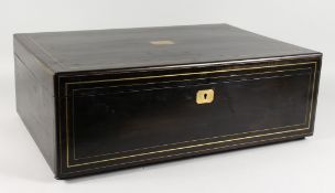 A LARGE 19TH CENTURY EBONISED BOX AND COVER with brass stringing. 23ins long.