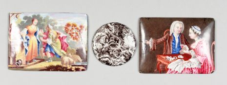 THREE VARIOUS 18TH CENTURY, POSSIBLY BATTERSEA, PLAQUES, one circular 1.75ins diameter, The Goatman,