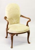 A GEORGE II STYLE MAHOGANY FRAMED SMALL ARMCHAIR, early 20th century, with upholstered back and