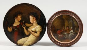 A GEORGIAN CIRCULAR LACQUER BOX AND COVER, interior with figures drinking, 3ins diameter, and