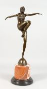 AN ART DECO STYLE BRONZE FIGURE OF A DANCER, on a circular marble base. 22ins high.