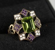 A 9CT GOLD, AMETHYST, PEARL AND PERIDOT RING.