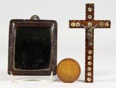 A JERUSALEM CRUCIFIX, PRESSED CIRCULAR BOX AND MIRROR.