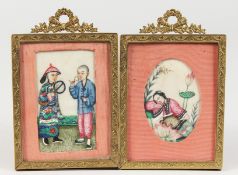 TWO CHINESE SILKWORK PICTURES, one rectangular, the other oval, in ormolu frames. 3.75ins x 2.