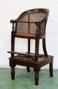 A 19TH CENTURY CHILD'S MAHOGANY HIGH CHAIR, with cane work upholstered chair on a detachable