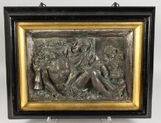 AFTER RENAISSANCE, A FRAMED AND GLAZED WHITE METAL PLAQUE, Christ from the Tomb. 10ins x 14ins.