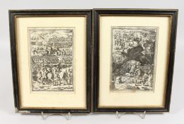 A PAIR OF FRAMED AND GLAZED EARLY ENGRAVINGS.