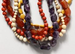AMBER, CORAL AND AMETHYST NECKLACES.