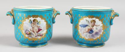 A GOOD PAIR OF 19TH CENTURY SEVRES PALE BLUE JARDINIERES, with panels of putti. Mark in blue. 4.5ins