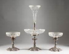 A GOOD GOTHIC DESIGN PLATE CENTREPIECE AND PAIR OF COMPORTS, with etched glass bowls. Centrepiece: