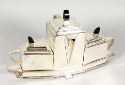 A SILVER PLATE ART DECO DESIGN THREE PIECE TEA SET, combined.