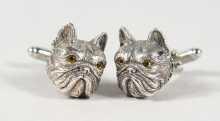 A PAIR OF SILVER FRENCH BULLDOG CUFFLINKS.