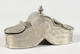 AN IRANIAN SILVER DOUBLE ENDED SPICE BOX with engraved decoration. 5.5ins long.