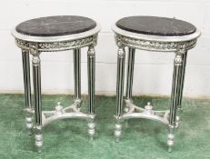 A PAIR OF FRENCH STYLE SILVERED WOOD AND MARBLE TOP OVAL LAMP TABLES. 1ft 8ins wide x 2ft 4ins