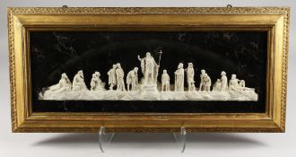A 19TH CENTURY FRAMED AND GLAZED PLASTER CAST, bought from Copenhagen in 1872. 23ins long x 8ins