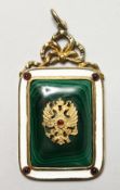 A GOOD MODERN RUSSIAN SILVER, ENAMEL AND MALACHITE PENDANT. 2.5ins high.