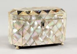 A GOOD MOTHER-OF-PEARL BOX AND COVER on bun feet. 6ins long.