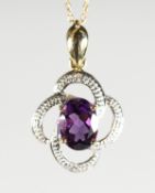 A 9CT GOLD, AMETHYST AND DIAMOND PENDANT on chain.