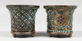 TWO ENAMEL JARDINIERES with bead work decoration. 3ins high.