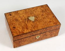 A LADIES 19TH CENTURY BURR SEWING BOX, with a good fitted interior, scissors, knife, thimble, etc.