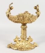 A GILT BRONZE CLASSICAL STYLE PEDESTAL TABLE SALT. 8ins high.
