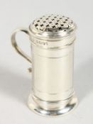 A SMALL VICTORIAN KITCHEN PEPPER with scroll handle, 2.25ins high. London 1881. Maker: George Fox.