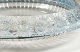 A GOOD LALIQUE CIRCULAR BOWL, with CHRYSANTHEMUMS. Etched R. LALIQUE, FRANCE. 13ins diameter.