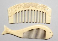 A FISH SHAPED BONE COMB, and another comb. 4ins x 3.5ins long.