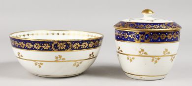 A CAUGHLEY SUCRIER AND COVER, and matching bowl, both decorated in blue and gilt, blue 'S' mark to
