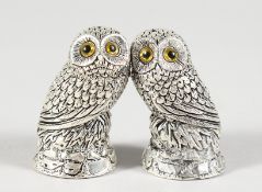 A PAIR OF .925 SILVER OWL SALT AND PEPPER.