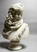 F. BRUSAGLINO, MILANO A GOOD CARVED WHITE MARBLE BUST OF A YOUNG LADY wearing a fur cape and hat, on