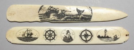 TWO SCRIMSHAW STYLE BONE LETTER OPENERS. 6.75ins long.