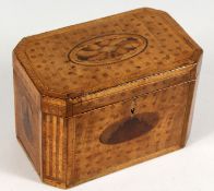 A GOOD GEORGE III INLAID TEA CADDY, converted to a jewellery box with red velvet interior. 7.5ins