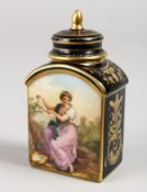 A GOOD VIENNA BLUE & GILT CADDY AND COVER with a panel of classical figures. Beehive mark in blue.