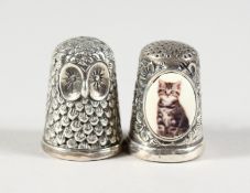 TWO CAST SILVER NOVELTY THIMBLES, OWL AND CAT.