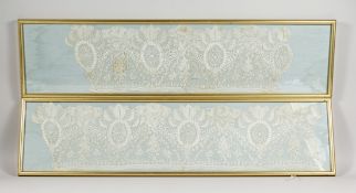 TWO FRAMED AND GLAZED ANTIQUE LACE BORDERS. 24ins long x 7ins wide.