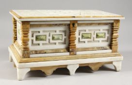 A SUPERB MARBLE AND ALABASTER JEWELLERY CASKET, with carved motifs, velvet interior, on bracket