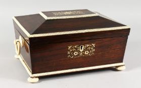 A SUPERB 19TH CENTURY ROSEWOOD AND IVORY BANDED SEWING BOX, with leather interior supported on ivory