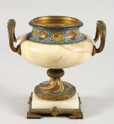 A BRONZE, ONYX AND CHAMPLEVE ENAMEL TWIN-HANDLED PEDESTAL URN. 6ins high.