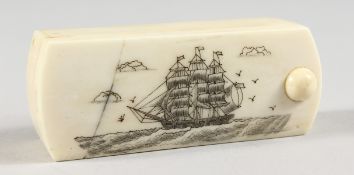 A BONE FOLDING BOX, the lid engraved with a frigate.