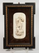 A GOOD 19TH CENTURY DIEPPE IVORY CARVED PLAQUE, a man with a hawk and a dog. 5.5ins x 2.5ins, on a