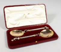 A PAIR OF SILVER GILT CASED APOSTLE SPOONS.