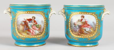 A GOOD PAIR OF 19TH CENTURY SEVRES JARDINIERES, blue ground painted with reverse panels of young