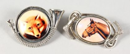 TWO SILVER AND ENAMEL HUNTING BROOCHES, Horse and Fox.