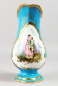 A GOOD SEVRES BLUE GROUND JUG, painted with panels of flowers and figures. 9ins high.