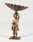 A 19TH CENTURY BRONZE PUTTI, holding a shell. 6.5ins high.