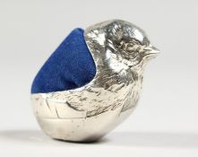 A MODERN SILVER BIRD SHAPE PIN CUSHION. 2ins long.