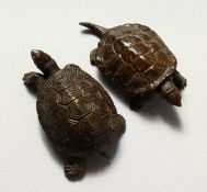 TWO SMALL JAPANESE BRONZE TURTLES. 2ins long.