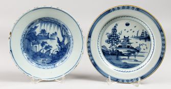 AN 18TH CENTURY DELFT PLATE, painted with a hut on an island and another Delft plate painted with